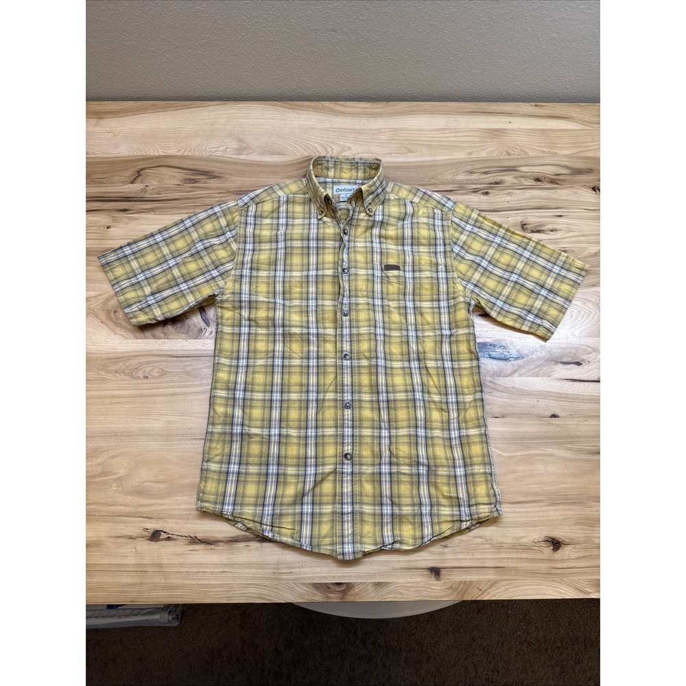 Carhartt S163 Men's Yellow Plaid Short Sleeve Button Up Shirt Size Small